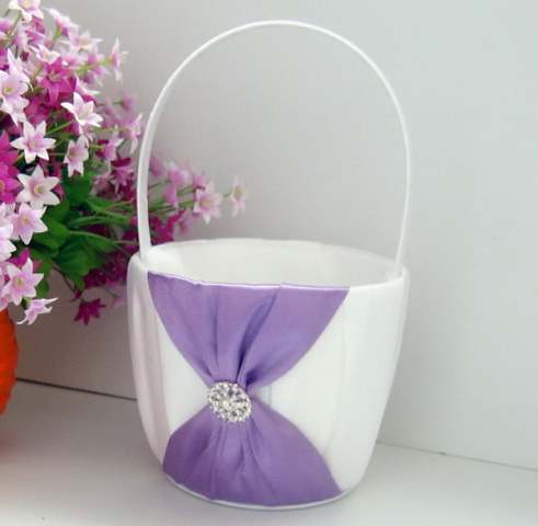 White Wedding Isle Flower Girl Petal Basket with Purple Ribbon & Diamante Ring Design